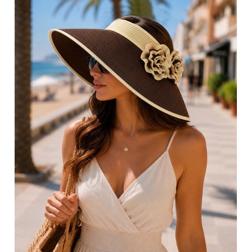 Straw Visor Hats - Foldable Accent With Matching Flowers - Brown - HT-5250BN
